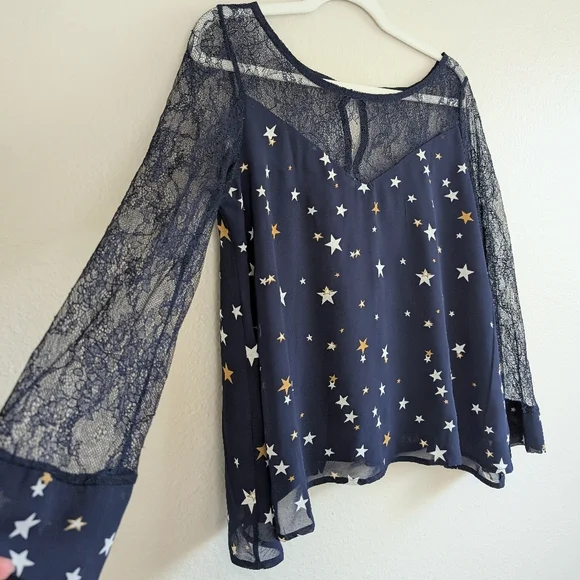 Starry Night Blouse in Midnight Blue with Lace Sleeves and Back - Picture 1 of 12